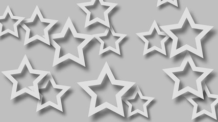 Abstract illustration of randomly arranged white stars with soft shadows on gray  background