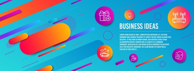 Header banner. Light bulb, Wifi and Person idea icons simple set. Car travel, Add gift and Face attention signs. Lamp energy, Internet router. Business set. Line light bulb icon. Gradient elements