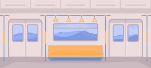 Subway train car inside. Interior with seats, a door for entrance and exit, handrails, window. Nature landscape background. © Ilya_kovshik
