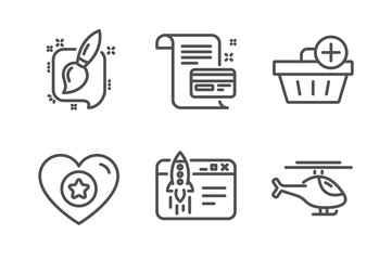 Fototapeta premium Painting brush, Start business and Add purchase icons simple set. Heart, Payment card and Helicopter signs. Graphic art, Launch idea. Business set. Line painting brush icon. Editable stroke. Vector