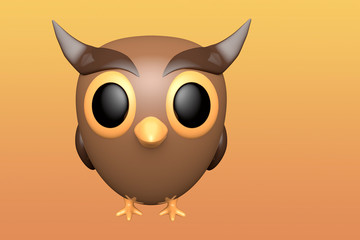 Owl on an orange background. Cute cartoon character. 3d rendering