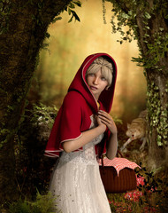 Caperucita, Red Riding Hood Followed by the Wolf in a Magical Forest