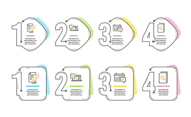 Online survey, Feather signature and Travel calendar icons simple set. Search files sign. Quiz test, Feedback, Trip planning. Magnifying glass. Business set. Infographic timeline. Vector