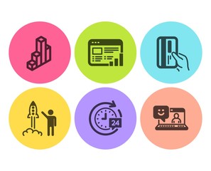 Web report, 3d chart and Payment card icons simple set. 24h delivery, Launch project and Smile signs. Graph chart, Presentation column. Technology set. Flat web report icon. Circle button. Vector