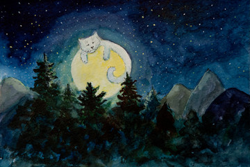full moon and stars with a magical cat, fantasy watercolor painting