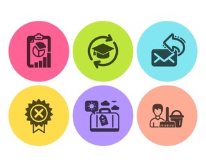 Continuing education, Share mail and Travel luggage icons simple set. Reject medal, Report and Cleaning service signs. Online education, New e-mail. Business set. Flat continuing education icon
