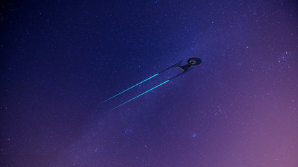 Science Fictional image of a starship in deep space and milky way on the background. 16:9...