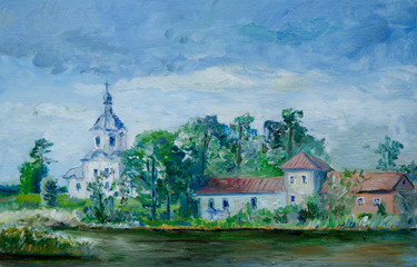 old church on the lake in Russia, oil painting