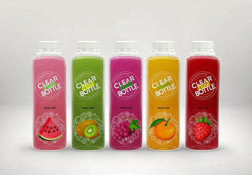 Set of 5 Clear Juice Bottles Packaging Mockup
