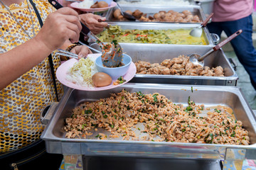 Food Buffet Catering Dining Eating Party Sharing Concept.people group catering buffet food indoor in luxury restaurant with meat colorful fruits and vegetables