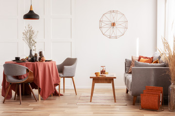 Open space dining and living area with grey scandinavian sofa and table with chairs
