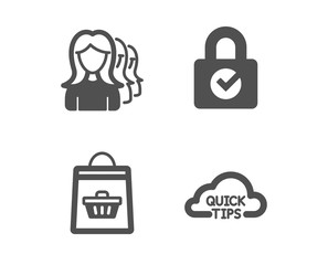 Set of Women headhunting, Password encryption and Online buying icons. Quick tips sign. Women teamwork, Protection locker, Shopping cart. Helpful tricks.  Classic design women headhunting icon
