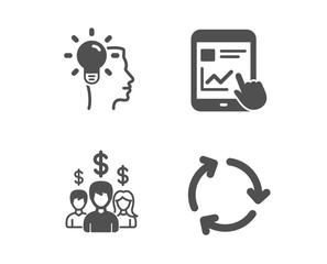Set of Internet report, Idea and Salary employees icons. Recycling sign. Web tutorial, Professional job, People earnings. Reduce waste.  Classic design internet report icon. Flat design. Vector