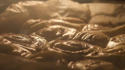 Selective focus shot of cinnabon baking, time-lapse