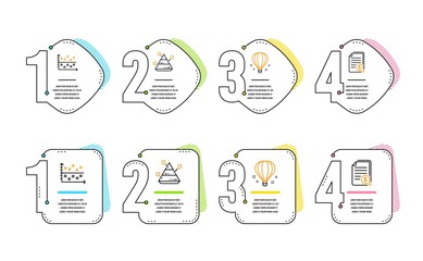 Dot plot, Air balloon and Pyramid chart icons simple set. Financial documents sign. Presentation graph, Sky travelling, Report analysis. Check docs. Education set. Infographic timeline. Vector
