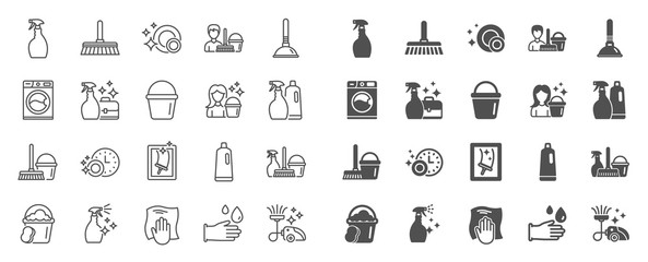 Cleaning line icons. Laundry, Window sponge and Vacuum cleaner icons. Washing machine, Housekeeping service and Maid cleaner equipment. Window cleaning, Wipe off, laundry washing machine. Vector