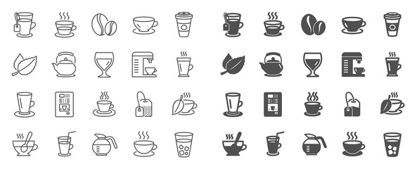 Coffee and Tea line icons. Set of Cappuccino, Juice with ice and Latte coffee cup icons. Teapot, Coffeepot and Hot drink with Steam. Mint leaf tea, Herbal beverage and Vending. Hot latte cup. Vector