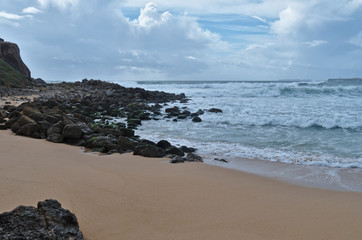 Sea, Waves and Rocks in Consolacao Beach. Peniche, Portugal