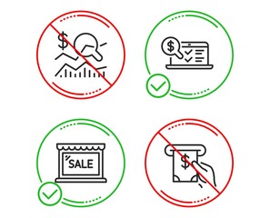 Fototapeta premium Do or Stop. Sale, Check investment and Online accounting icons simple set. Atm service sign. Shopping store, Business report, Web audit. Cash investment. Finance set. Line sale do icon. Vector