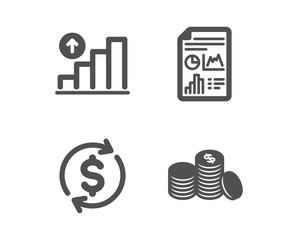 Set of Graph chart, Report document and Usd exchange icons. Banking money sign. Growth report, Growth chart, Currency rate. Cash finance.  Classic design graph chart icon. Flat design. Vector