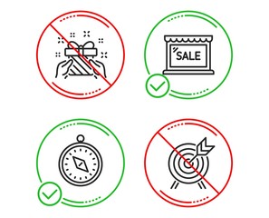 Obraz premium Do or Stop. Gift, Travel compass and Sale icons simple set. Archery sign. Present, Trip destination, Shopping store. Attraction park. Holidays set. Line gift do icon. Prohibited ban stop. Good or bad