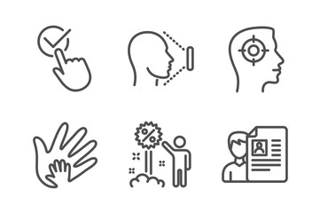 Discount, Checkbox and Social responsibility icons simple set. Face id, Recruitment and Job interview signs. Sale shopping, Approved. People set. Line discount icon. Editable stroke. Vector