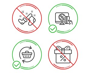 Do or Stop. Santa boots, Refresh cart and Online shopping icons simple set. Discount offer sign. New year, Online shopping, Black friday. Gift box. Holidays set. Line santa boots do icon. Vector