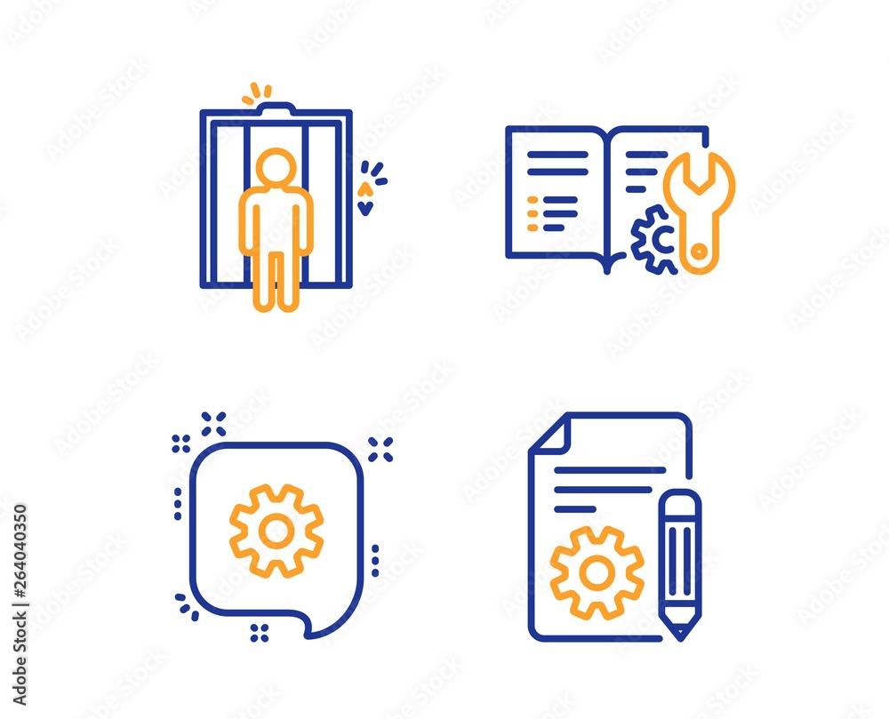 Aufkleber engineering documentation, elevator and cogwheel icons simple set. documentation sign. manual, lift,