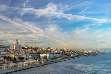 Fototapeta premium Lisbon, Portugal skyline and cityscape of the cruise port on the Tagus River