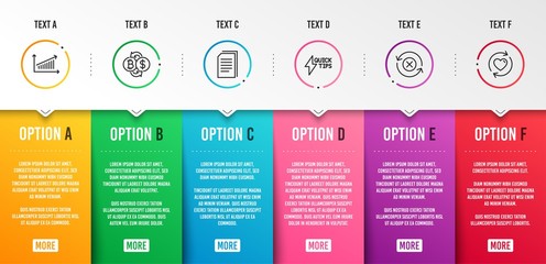 Reject refresh, Bitcoin exchange and Copy files icons simple set. Quickstart guide, Chart and Update relationships signs. Update rejection, Cryptocurrency change. Infographic template. Vector