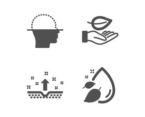 Set of Leaf, Clean skin and Face scanning icons. Water drop sign. Plant care, Cosmetics, Faces detection. Serum oil.  Classic design leaf icon. Flat design. Vector