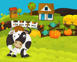 cartoon scene with cow on the farm meadow near some vegetables illustration for children