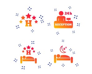 Five stars hotel icons. Travel rest place symbols. Human sleep in bed sign. Hotel 24 hours registration or reception. Random dynamic shapes. Gradient hotel icon. Vector