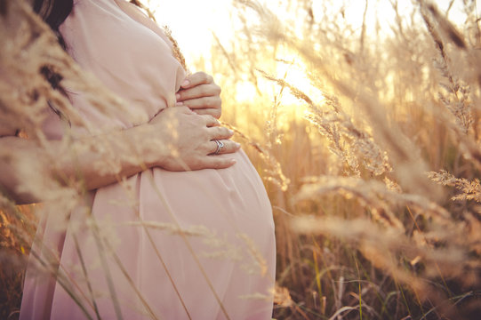 Close up of pregnant belly in nature. Pregnant girl in the sunset, pregnant woman relaxing outside in the park