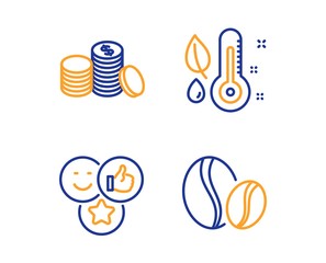 Like, Thermometer and Banking money icons simple set. Coffee beans sign. Social media likes, Grow plant, Cash finance. Whole bean. Linear like icon. Colorful design set. Vector