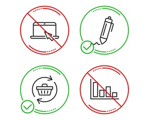 Do or Stop. Signature, Refresh cart and Portable computer icons simple set. Histogram sign. Written pen, Online shopping, Notebook device. Economic trend. Line signature do icon. Prohibited ban stop