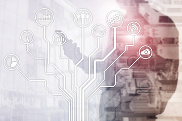 Business applications icons on blurred background. Financial and trading. Internet technology concept.