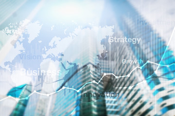 Business abstract background double exposure graph, chart and diagram. World wide map and. Global business and financial trading concept.