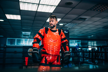 Tactical police training. Man with anti-shock clothing.