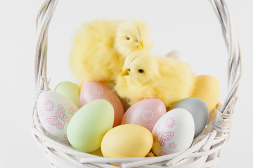 Happy Easter. Congratulatory easter background. Easter eggs and flowers