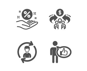 Set of Human resources, Sharing economy and Loan percent icons. Like sign. Update profile, Share, Discount hand. Thumbs up.  Classic design human resources icon. Flat design. Vector