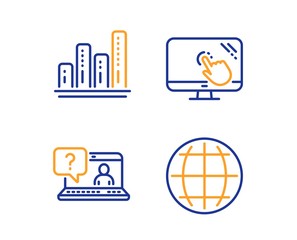 Touch screen, Faq and Graph chart icons simple set. Globe sign. Web support, Growth report, Internet world. Science set. Linear touch screen icon. Colorful design set. Vector