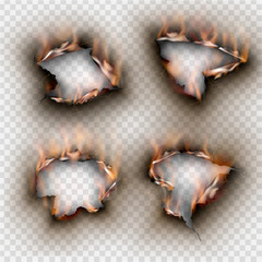 Hole set torn in ripped paper with burnt flame