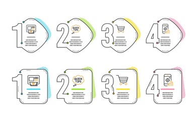 Market sale, Atm and Quick tips icons simple set. Seo phone sign. Customer buying, Money withdraw, Helpful tricks. Search engine. Technology set. Infographic timeline. Line market sale icon. Vector