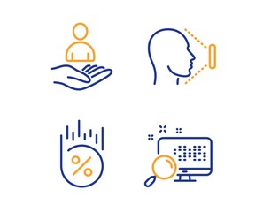 Loan percent, Face id and Recruitment icons simple set. Search sign. Discount, Identification system, Hr. Find file. Technology set. Linear loan percent icon. Colorful design set. Vector