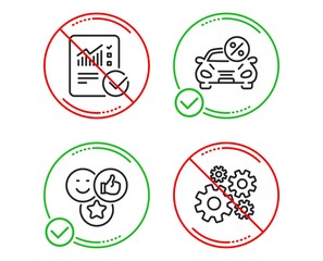 Do or Stop. Car leasing, Like and Checked calculation icons simple set. Cogwheel sign. Transport discount, Social media likes, Statistical data. Engineering tool. Technology set. Vector