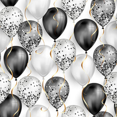 Seamless pattern glossy black and white shiny realistic 3D helium balloons with glitter and gold ribbon, perfect decoration for birthday party brochures, invitation card or baby shower