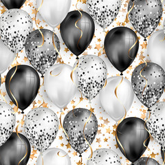 Seamless pattern glossy black and white shiny realistic 3D helium balloons with glitter and gold ribbon with star background, perfect decoration for birthday party brochures or invitation card