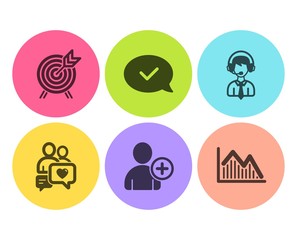 Shipping support, Archery and Dating chat icons simple set. Approved message, Add user and Investment graph signs. Delivery manager, Attraction park. Flat shipping support icon. Circle button. Vector