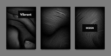 Distortion of Lines. Abstract Backgrounds with Vibrant Gradient and Wavy Stripes. Monochrome Cover Templates Set with Volume and Metallic Effect. Distorted Shapes for Business Presentation, Brochure.